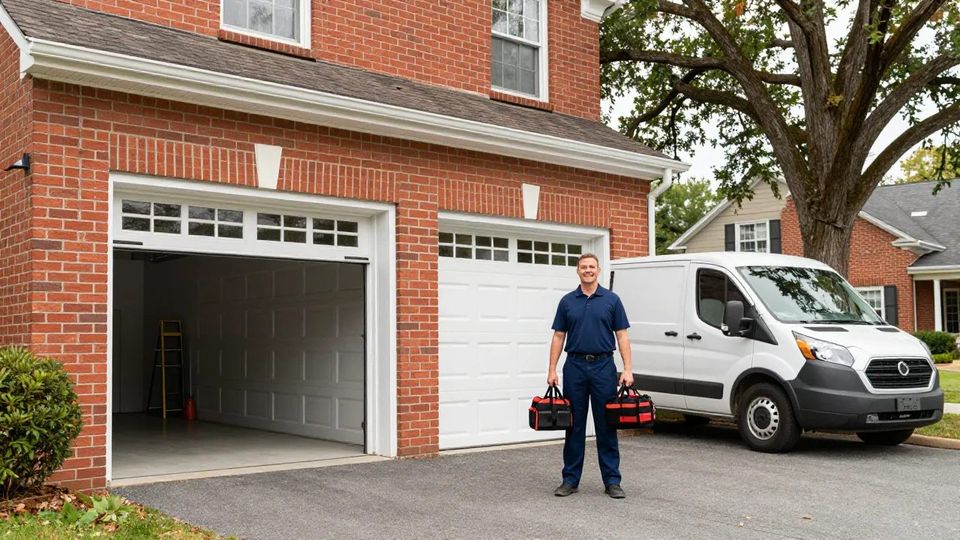 Garage door technician beside a brick colonial home in Maryland — Eagle Garage Door