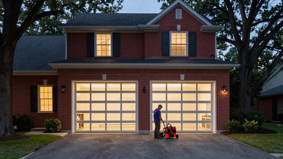 Full-view glass garage door on a brick colonial at dusk in Maryland — Eagle Garage Door